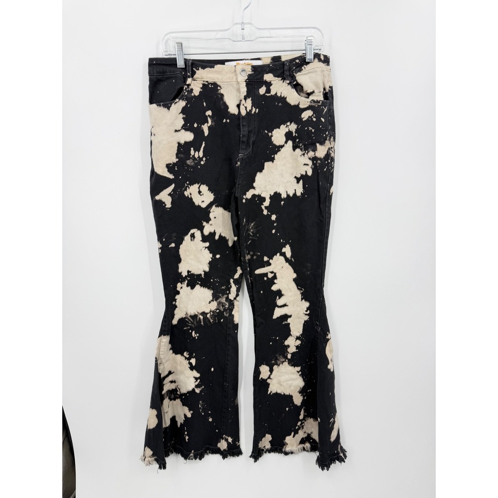 Lainey Wilson x Lil Bee's Bohemian Flare Jeans Women XL Black Bleach Tie Dye Raw